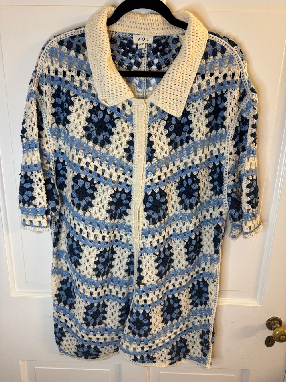 Pol Crochet Button-Up Cardigan - Cream & Blue
